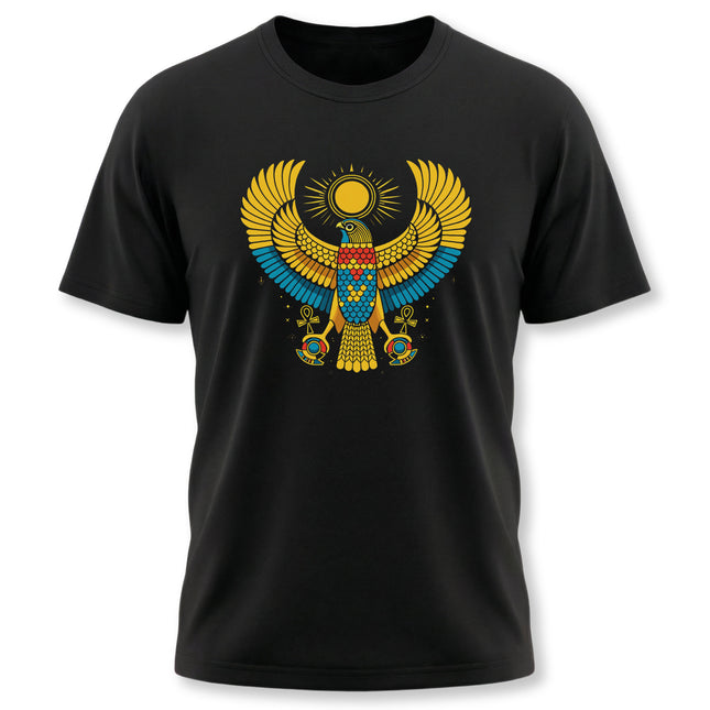 Ancient Egyptian Ra falcon graphic tee featuring the Sun God motif.