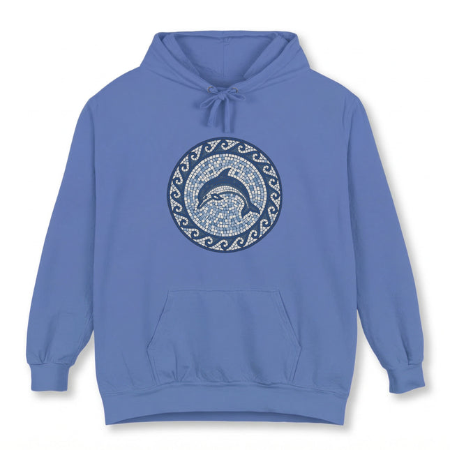 Mosaic Dolphin Hoodie | Blue Ocean Wave Art Pullover | Comfort Colors Hoodie
