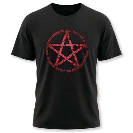 Red distressed pentagram pentacle graphic on a black occult t-shirt.