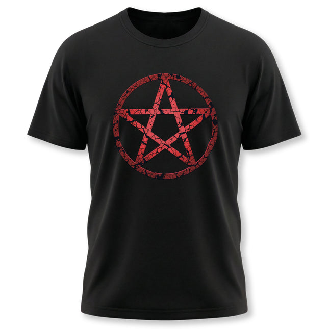 Red distressed pentagram pentacle graphic on a black occult t-shirt.