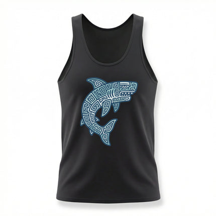 Blue tribal shark graphic featuring Mayan geometric patterns on a black tank top.