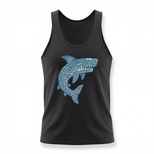 Blue tribal shark graphic featuring Mayan geometric patterns on a black tank top.