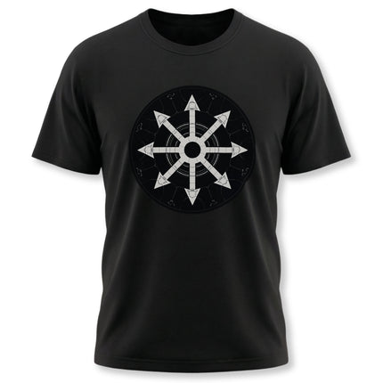 Occult magic chaos star symbol on a black graphic t-shirt.