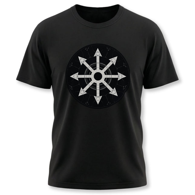 Occult magic chaos star symbol on a black graphic t-shirt.