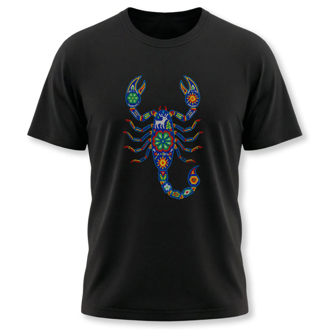 Colorful Huichol beadwork scorpion design on a black unisex t-shirt.