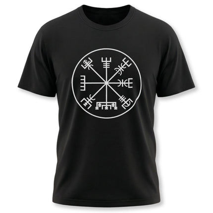 White Vegvisir Norse compass symbol graphic tee on a black t-shirt.
