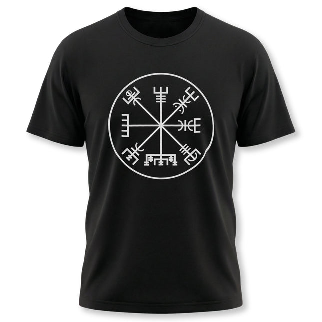 White Vegvisir Norse compass symbol graphic tee on a black t-shirt.
