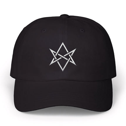 Black baseball cap with white embroidered Unicursal Hexagram symbol.