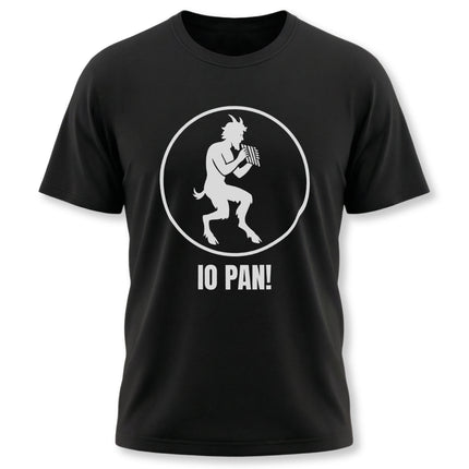 Pan satyr silhouette graphic on a black tee, playing a flute, featuring the text "IO PAN!" Greek mythology apparel.