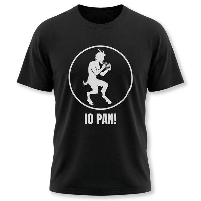 Pan satyr silhouette graphic on a black tee, playing a flute, featuring the text "IO PAN!" Greek mythology apparel.