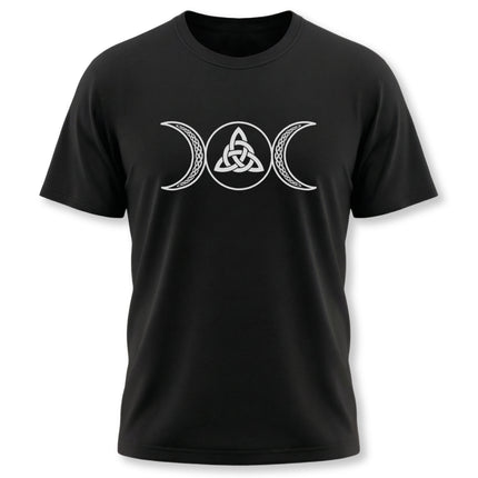 Triple moon and Celtic knotwork triquetra graphic on a black unisex t-shirt.