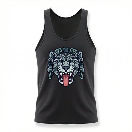 Black tank top featuring a stylized Mayan jaguar head graphic, representing ancient Mesoamerican culture.