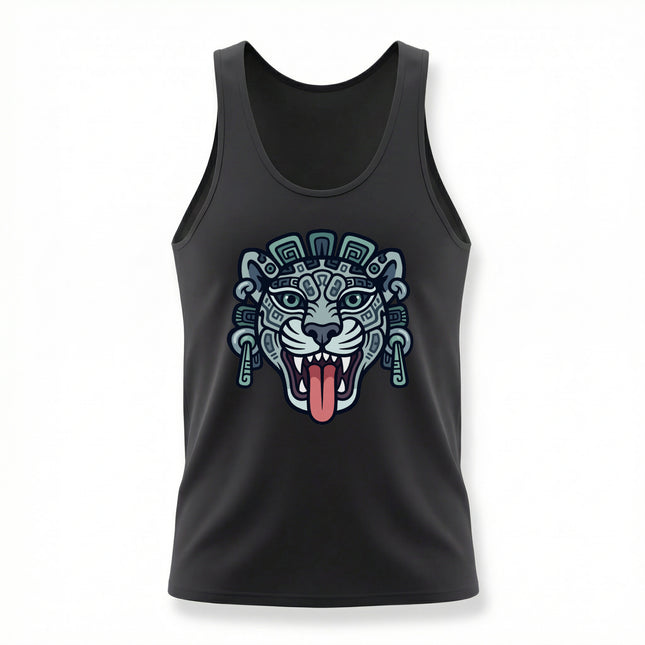 Black tank top featuring a stylized Mayan jaguar head graphic, representing ancient Mesoamerican culture.