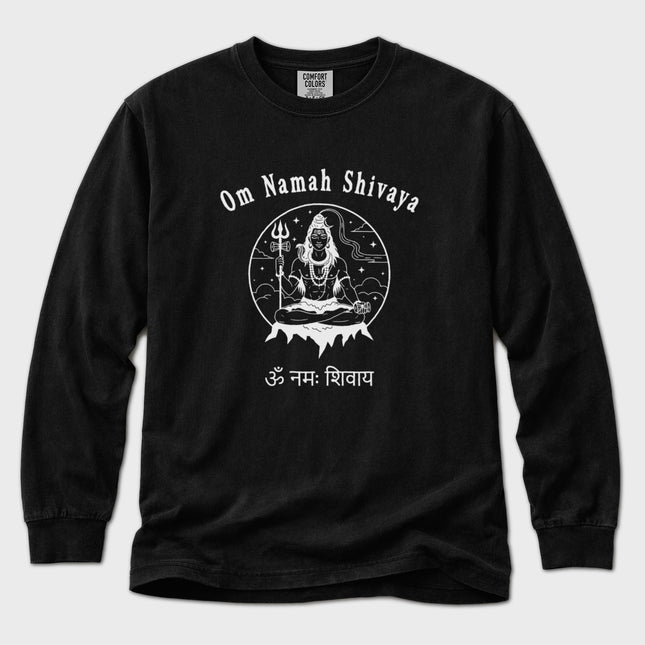 Om Namah Shivaya mantra graphic long sleeve tee shirt featuring spiritual Hindu symbolism.