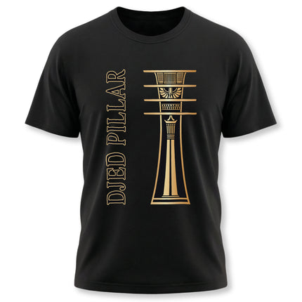 Black t-shirt featuring the golden Djed Pillar symbol and "DJED PILLAR" text, representing ancient Egyptian stability.