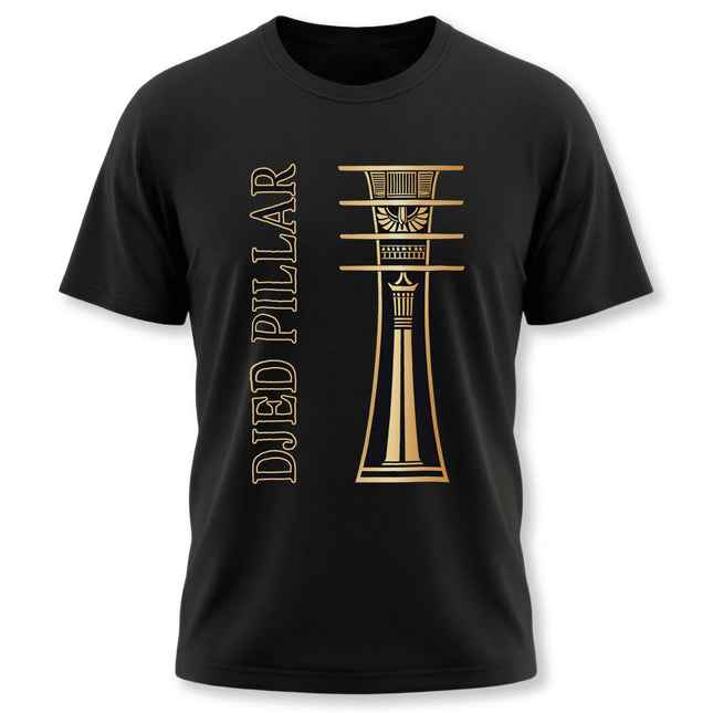 Black t-shirt featuring the golden Djed Pillar symbol and "DJED PILLAR" text, representing ancient Egyptian stability.