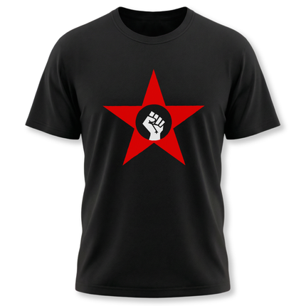 Red star and raised fist graphic on a black t-shirt, symbolizing socialist solidarity and revolution.