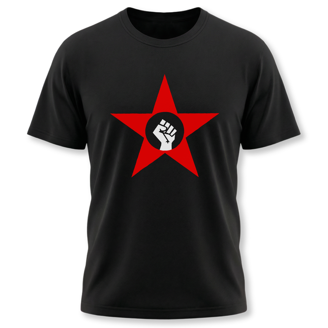 Red star and raised fist graphic on a black t-shirt, symbolizing socialist solidarity and revolution.