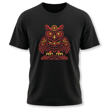 Aztec Owl T-Shirt | Rust and Gold Symmetrical Bird Illustration Tee