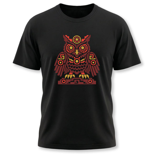 Aztec Owl T-Shirt | Rust and Gold Symmetrical Bird Illustration Tee