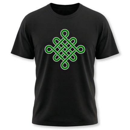 Green Celtic endless knot symbol graphic on a black t-shirt.
