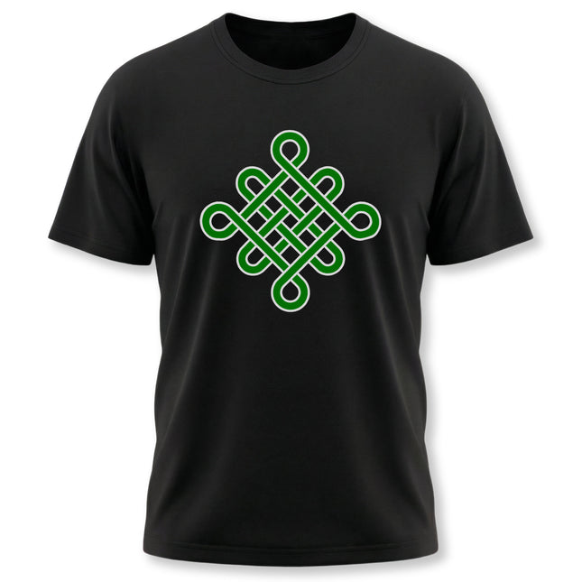 Green Celtic endless knot symbol graphic on a black t-shirt.