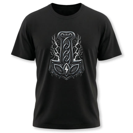 Norse mythology t-shirt featuring a stylized Mjolnir hammer graphic design.