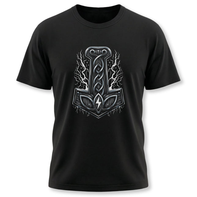 Norse mythology t-shirt featuring a stylized Mjolnir hammer graphic design.