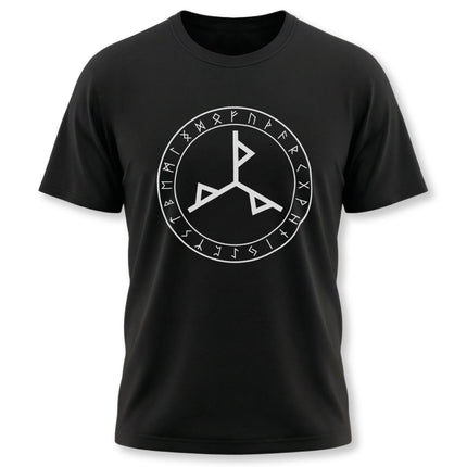 Norse bind rune graphic tee featuring ancient Viking runes in a circle on a black t-shirt.