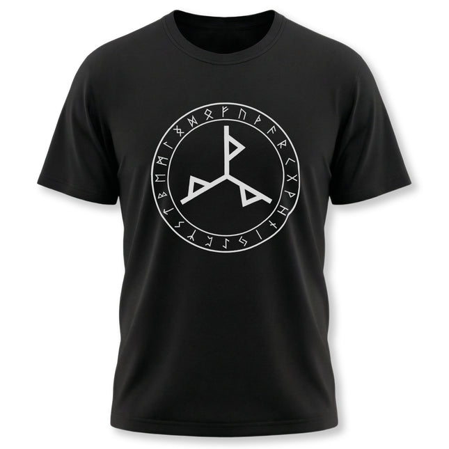 Norse bind rune graphic tee featuring ancient Viking runes in a circle on a black t-shirt.