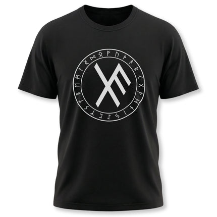 Black tee featuring a white bind rune and the full Elder Futhark runic circle design.