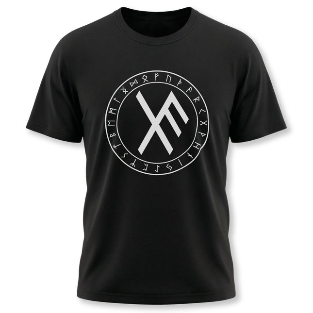 Black tee featuring a white bind rune and the full Elder Futhark runic circle design.
