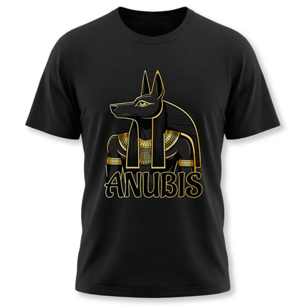 Gold Anubis Egyptian god graphic tee featuring a jackal-headed deity design.