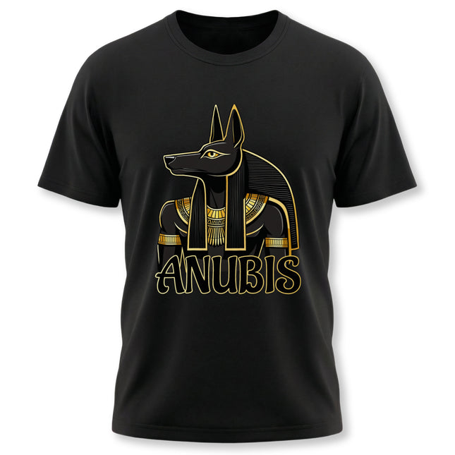 Gold Anubis Egyptian god graphic tee featuring a jackal-headed deity design.