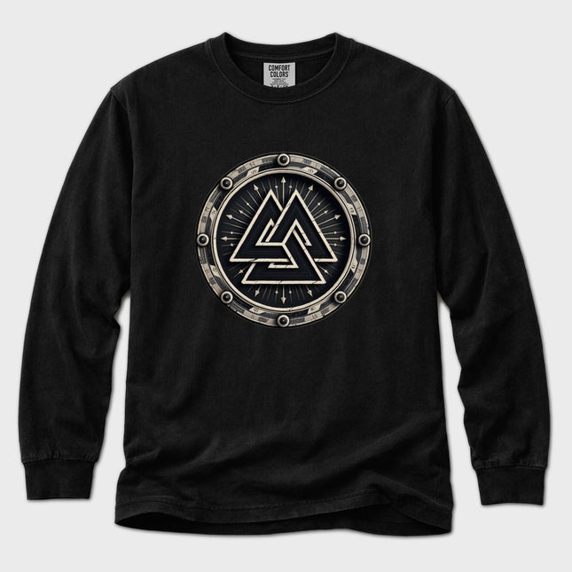Valknut Norse symbol graphic on a long sleeve mythology t-shirt.