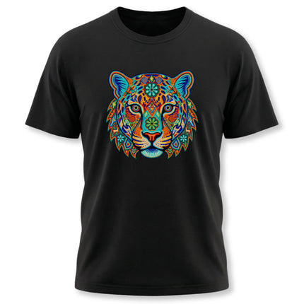 Vibrant tribal jaguar art graphic tee featuring geometric Huichol spirit animal design.