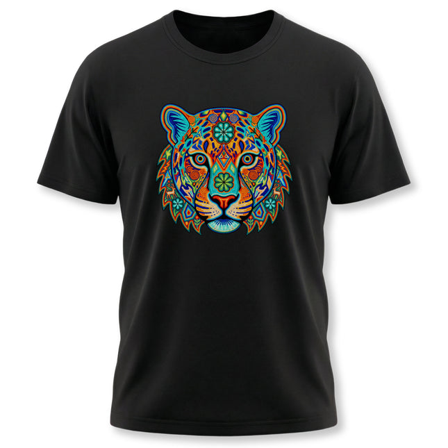Vibrant tribal jaguar art graphic tee featuring geometric Huichol spirit animal design.