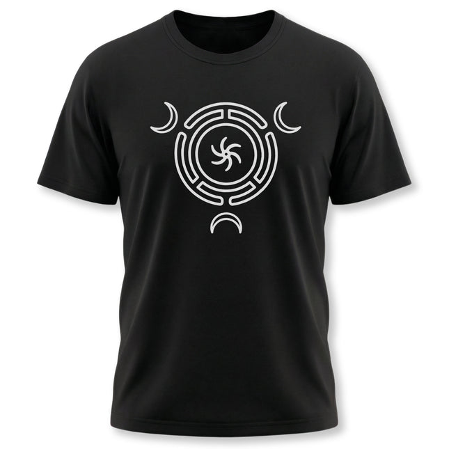 Hecate Triple Goddess Moon symbol graphic tee for witchcraft and occult wear.