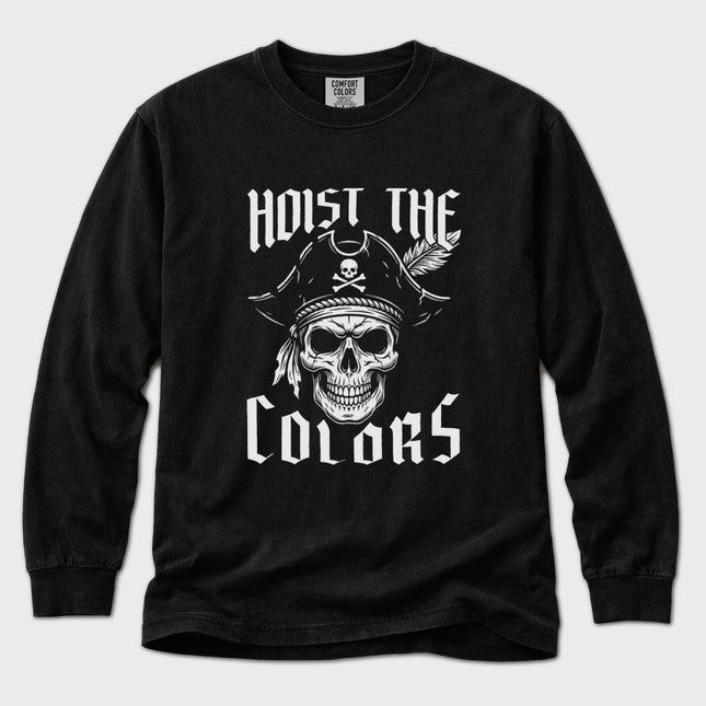Pirate skull graphic long sleeve tee featuring "Hoist the Colors" text design.
