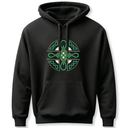 Green and gold Celtic Cross knotwork graphic on a black pullover hoodie.