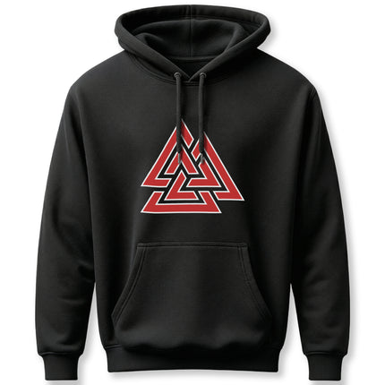 Black Norse Valknut symbol hoodie featuring the Viking Asgardian design.