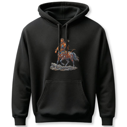 Centaur warrior archer graphic illustration on a black pullover hoodie, featuring Greek mythology art.