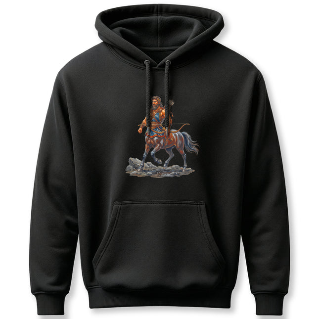 Centaur warrior archer graphic illustration on a black pullover hoodie, featuring Greek mythology art.
