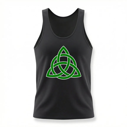 Green Triquetra Celtic knot design on a black tank top.
