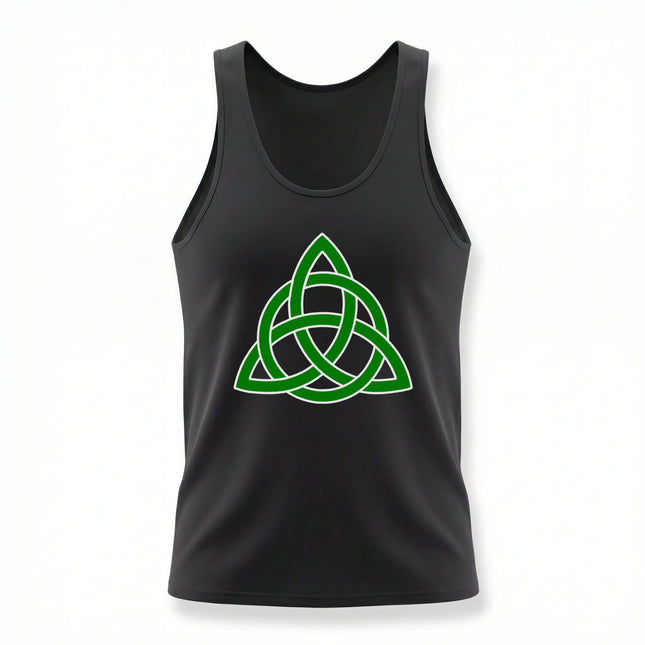 Green Triquetra Celtic knot design on a black tank top.