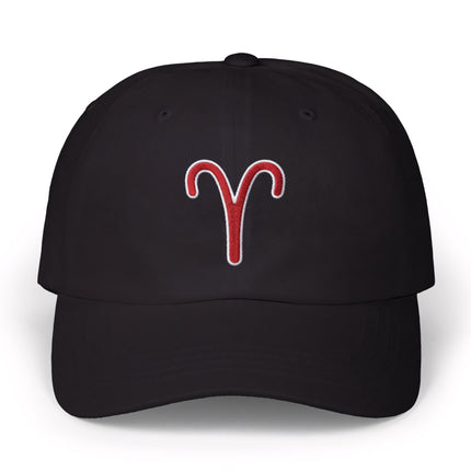 Aries Zodiac Sign Embroidered Baseball Cap | Red Symbol Black Hat