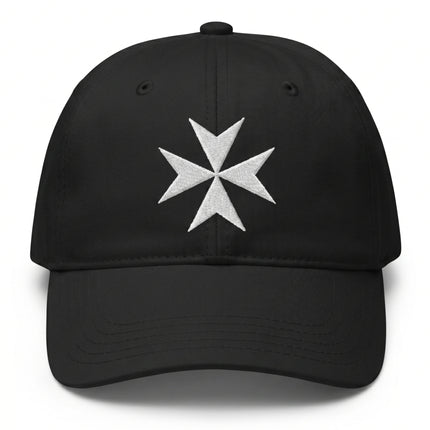 Embroidered black baseball cap featuring a white Maltese Cross symbol.