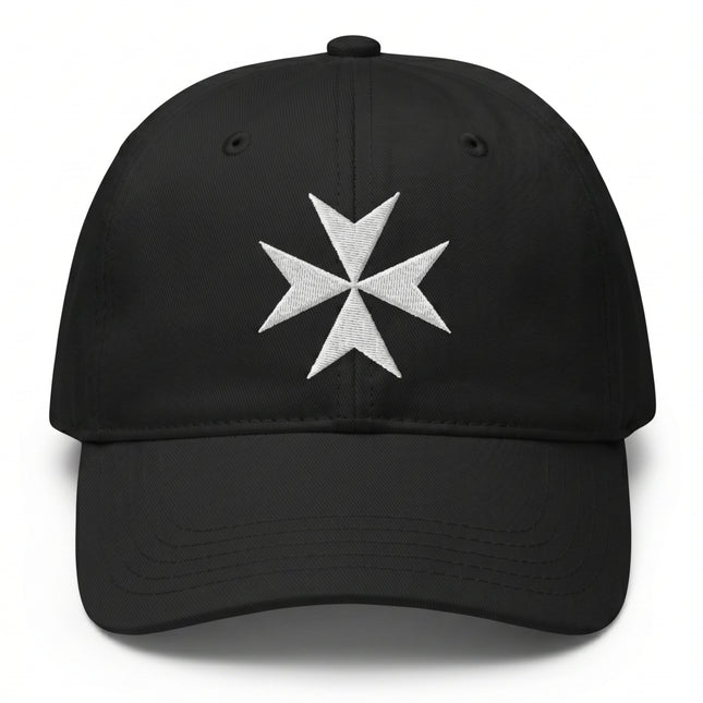 Embroidered black baseball cap featuring a white Maltese Cross symbol.
