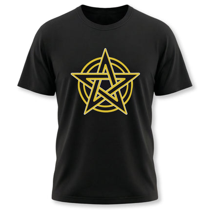 Yellow pentagram pentacle graphic tee on black shirt for occult or wiccan style.