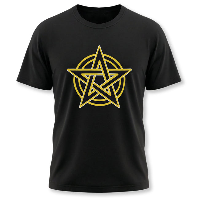 Yellow pentagram pentacle graphic tee on black shirt for occult or wiccan style.